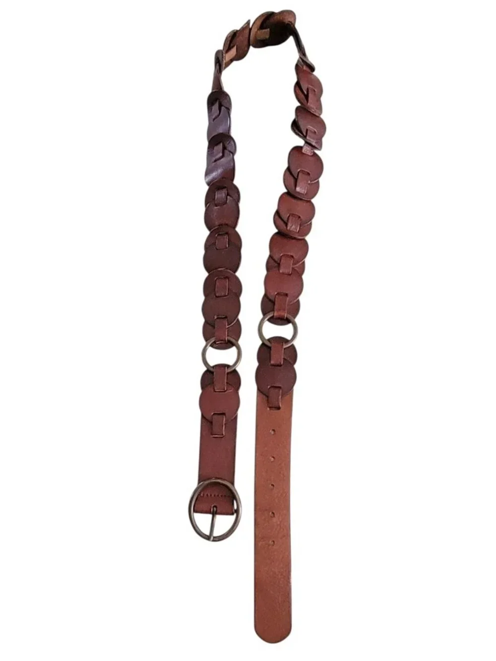 Vintage Fossil Genuine Leather Linked Disc Belt Brown 90s Y2K Boho Western